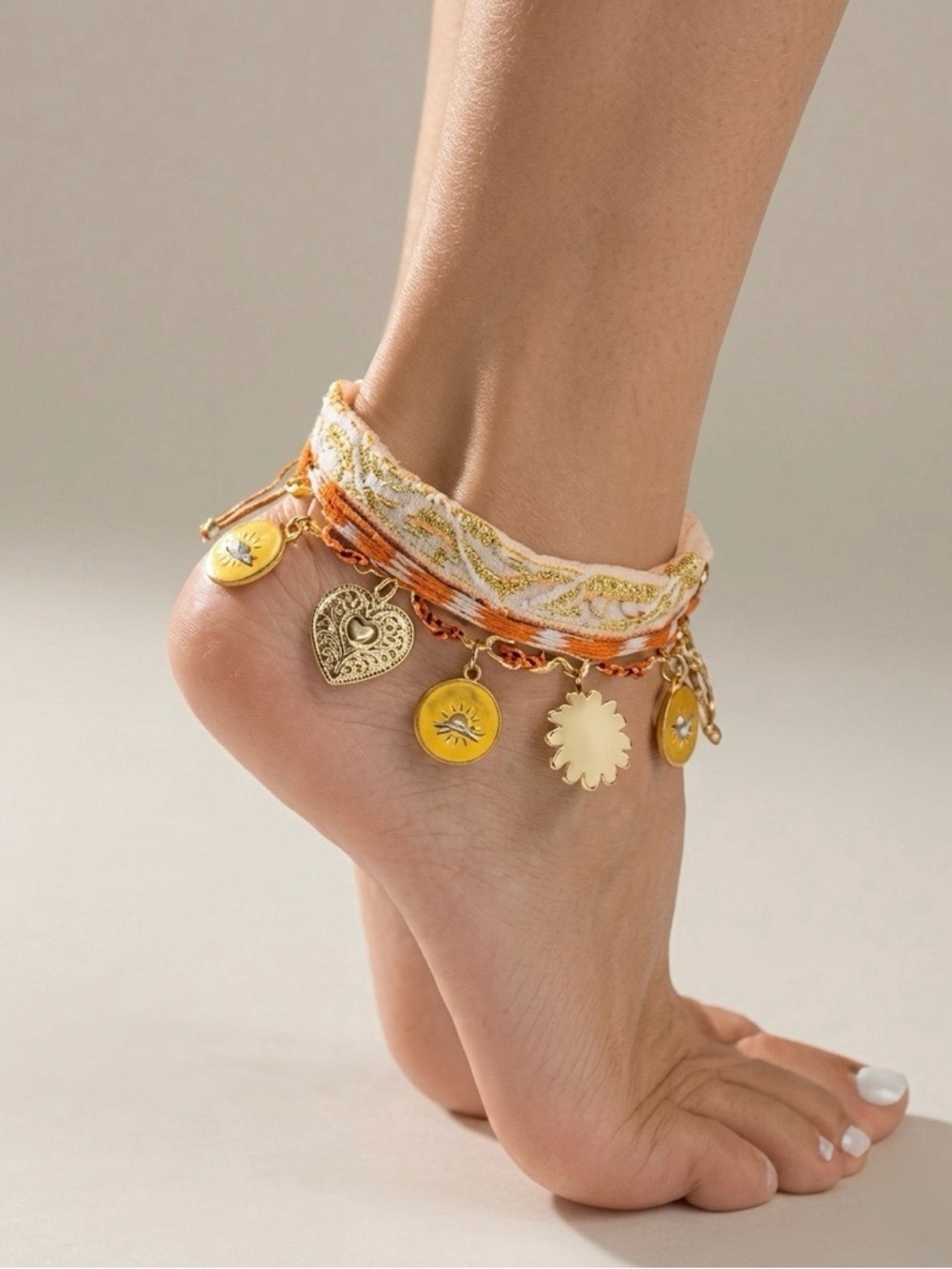 FREE PEOPLE High Noon Beach Charm Anklet Shell Cream Fabric Accent Gold Hardware